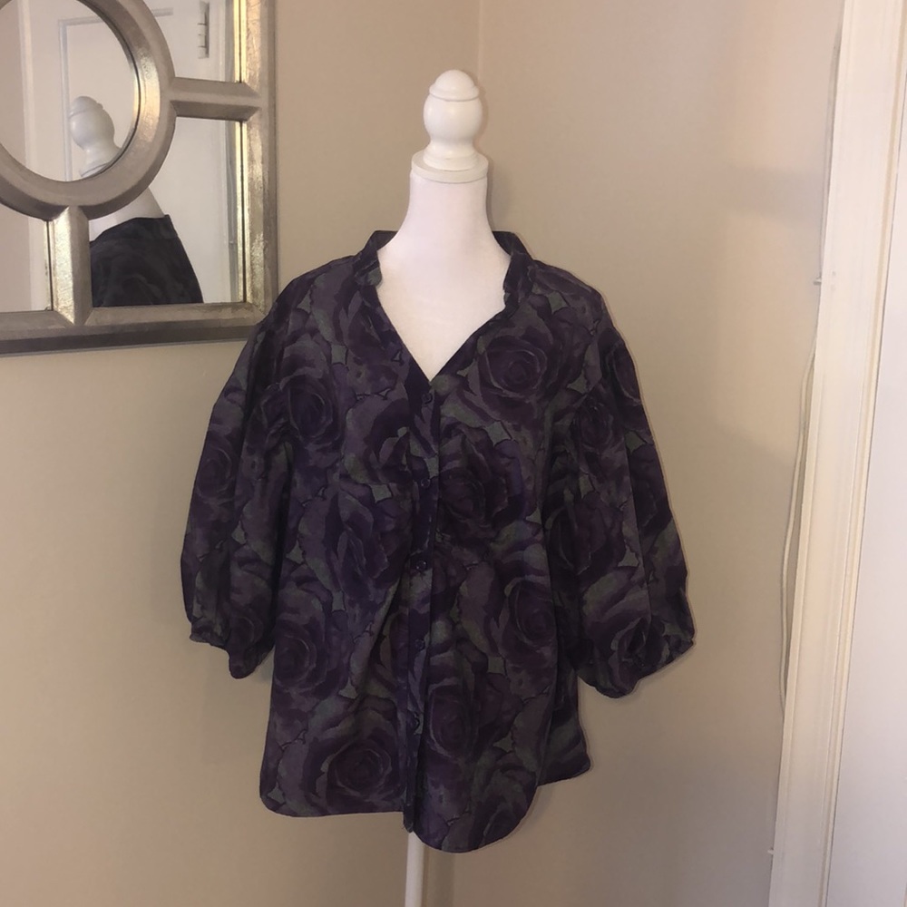 Ashley Stewart! Puffy sleeve purple flowers button down size 3X